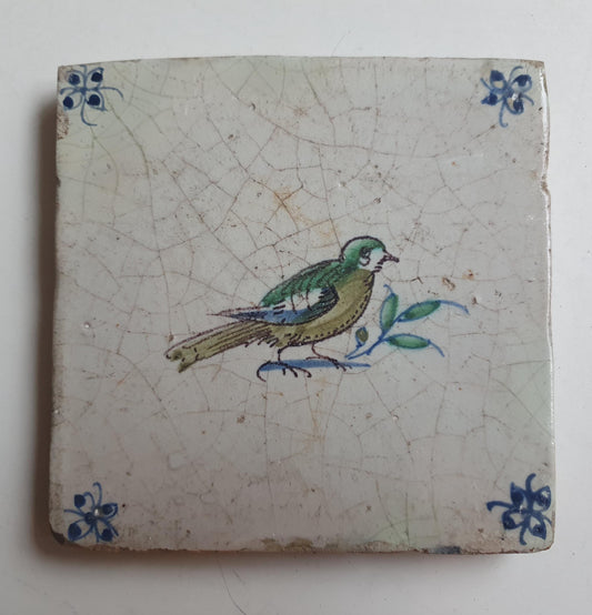 Antique Delft Tile – Polychrome Bird, Spider Motifs (1620s)