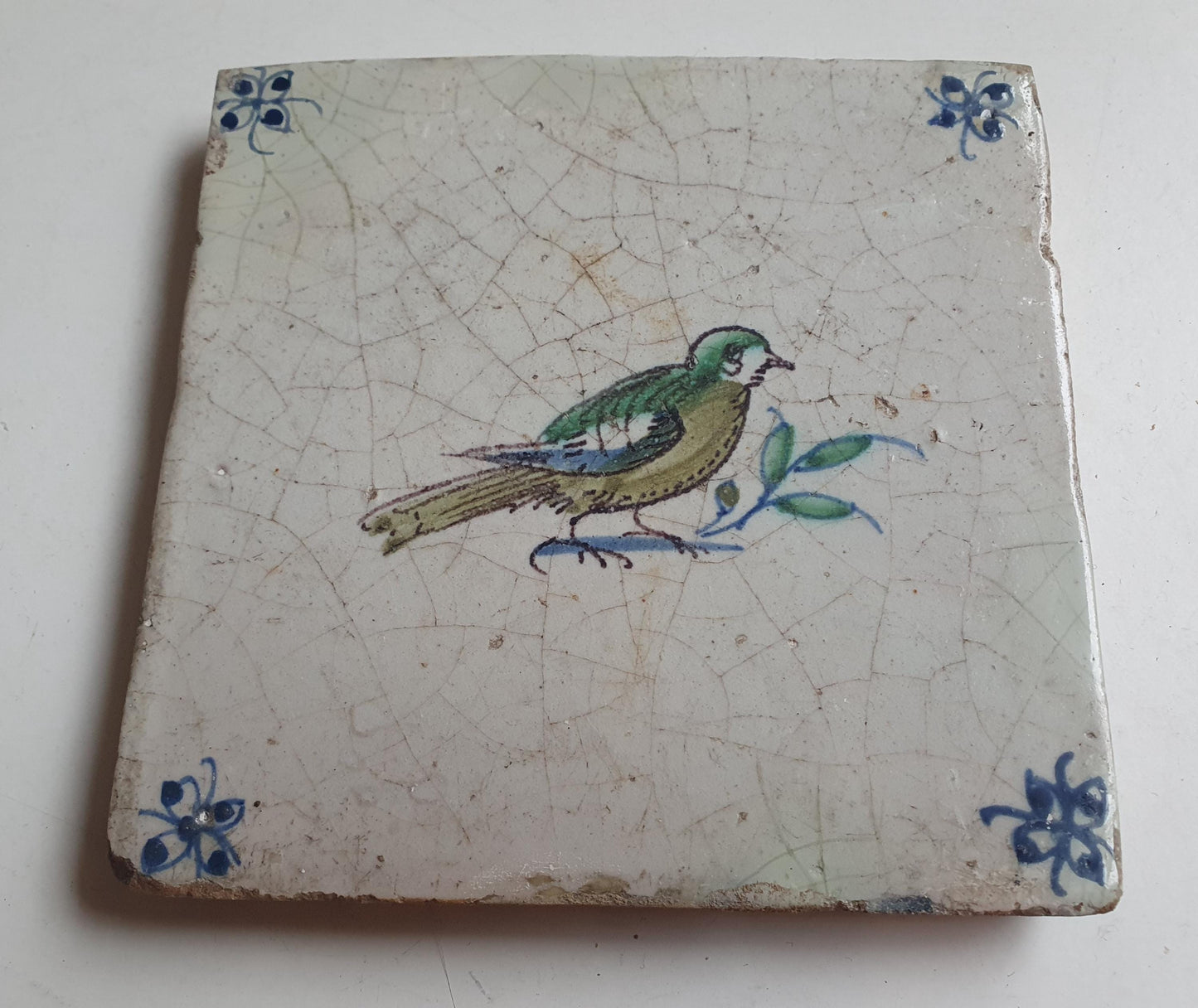 Antique Delft Tile – Polychrome Bird, Spider Motifs (1620s)