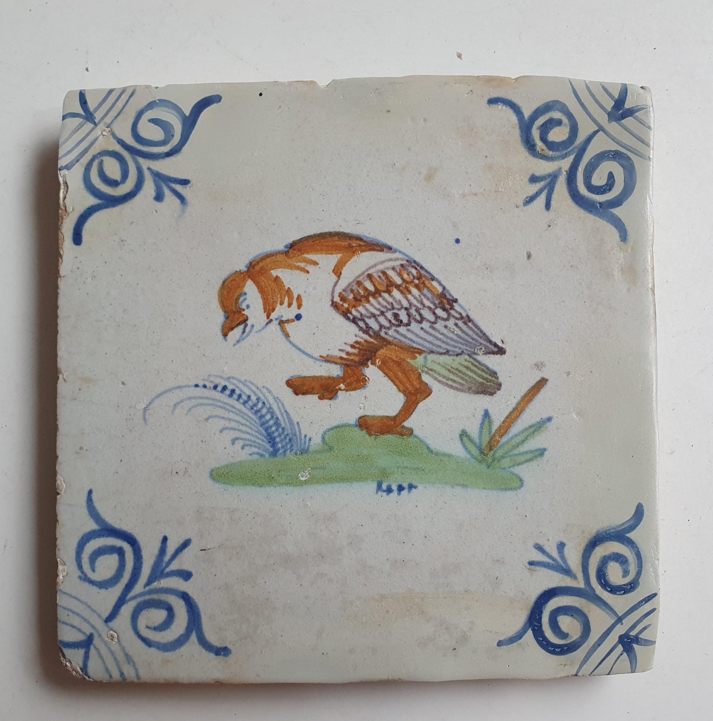 Antique Delft Tile – Polychrome Parrot Bird, Oxhead Motifs, c.1625