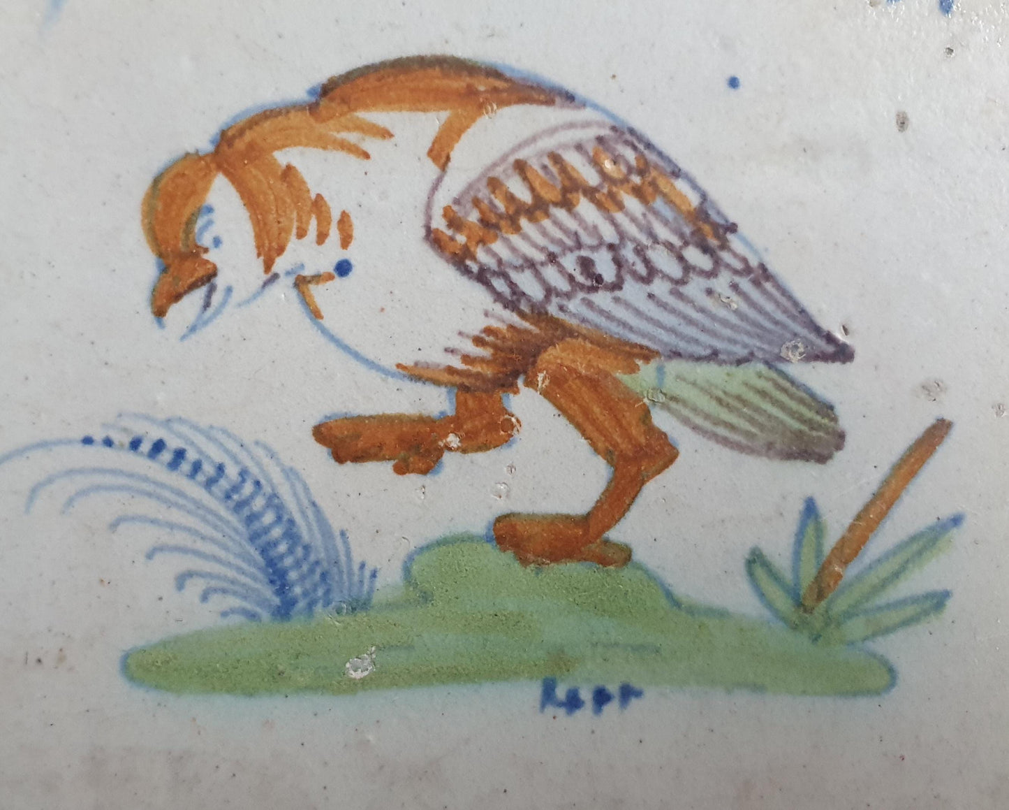 Antique Delft Tile – Polychrome Parrot Bird, Oxhead Motifs, c.1625