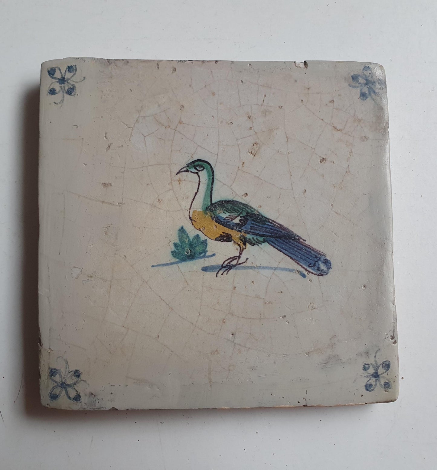Antique Delft Tile – Polychrome Bird, Spiderhead Motifs, Circa 1640