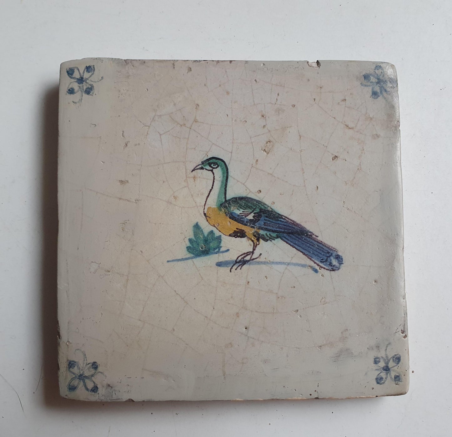 Antique Delft Tile – Polychrome Bird, Spiderhead Motifs, Circa 1640