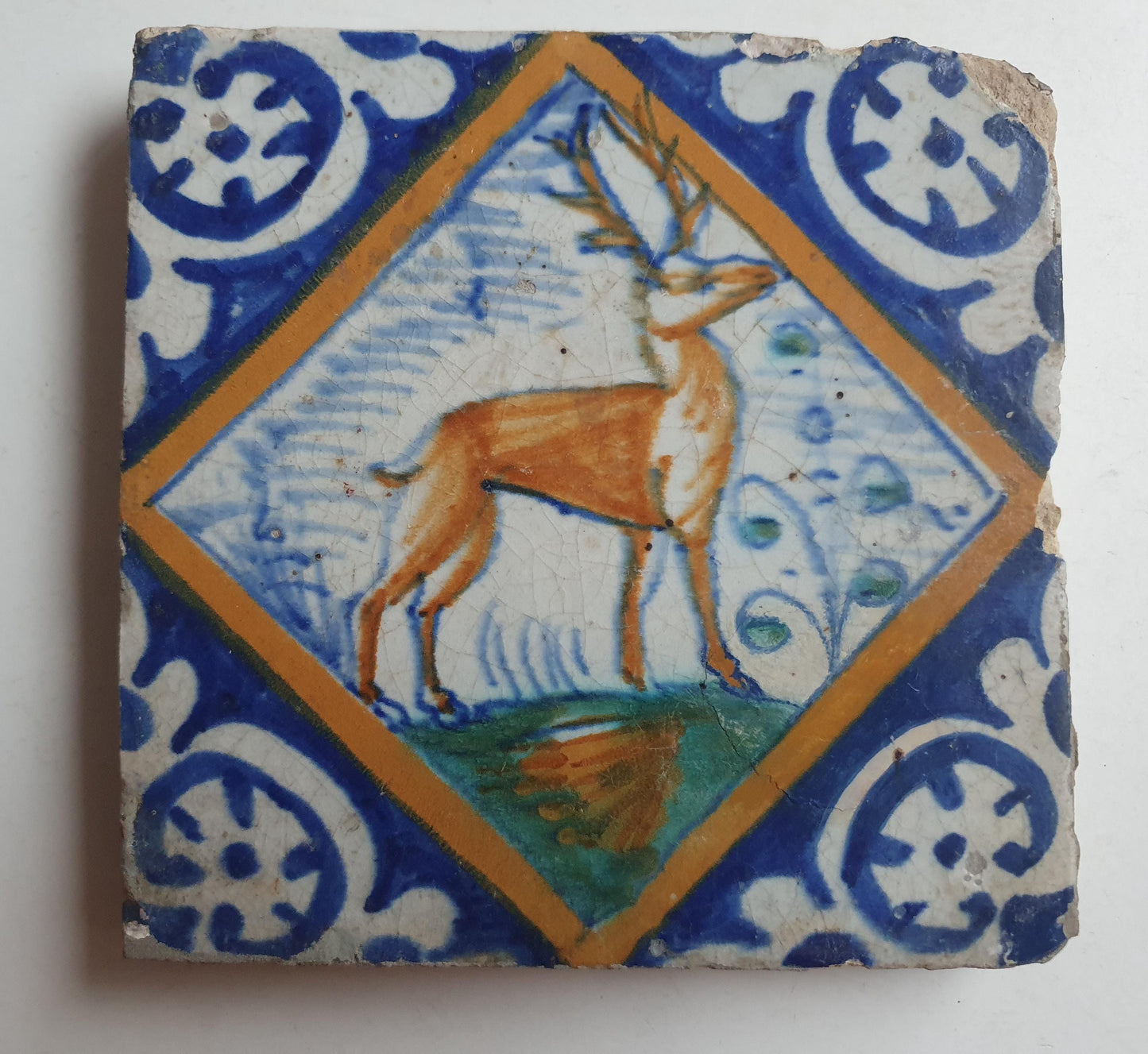 Antique Dutch Tile, 17th Century Polychrome Majolica, Stag Design