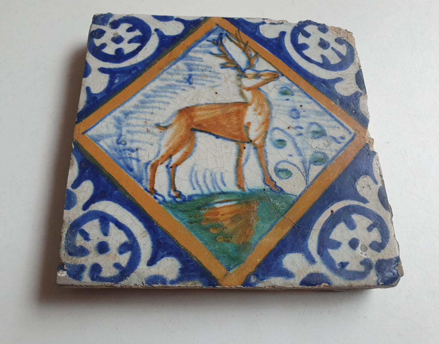 Antique Dutch Tile, 17th Century Polychrome Majolica, Stag Design