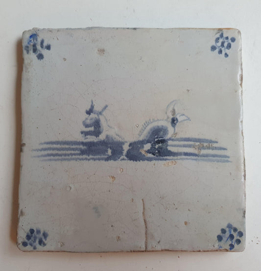 Antique Delft Blue Tile, 17th Century Sea Creature Majolica