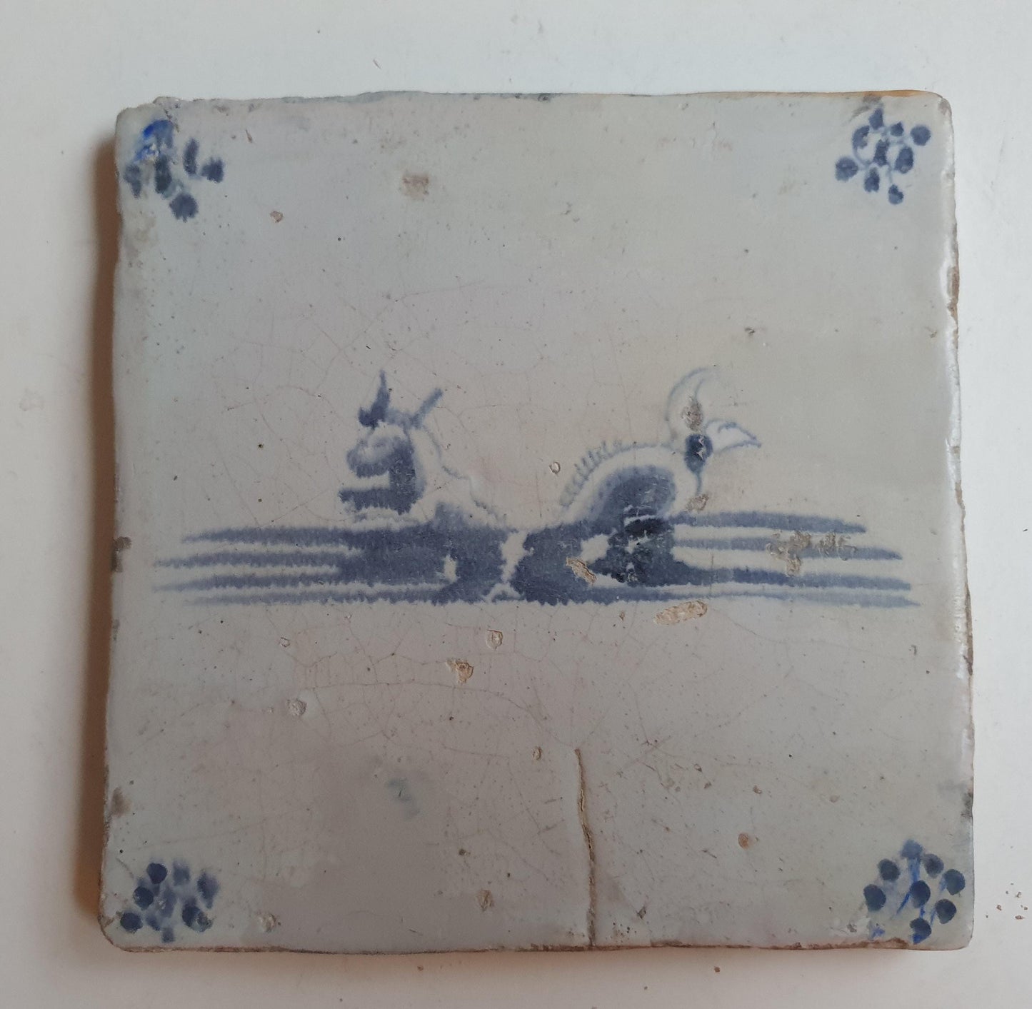 Antique Delft Blue Tile, 17th Century Sea Creature Majolica