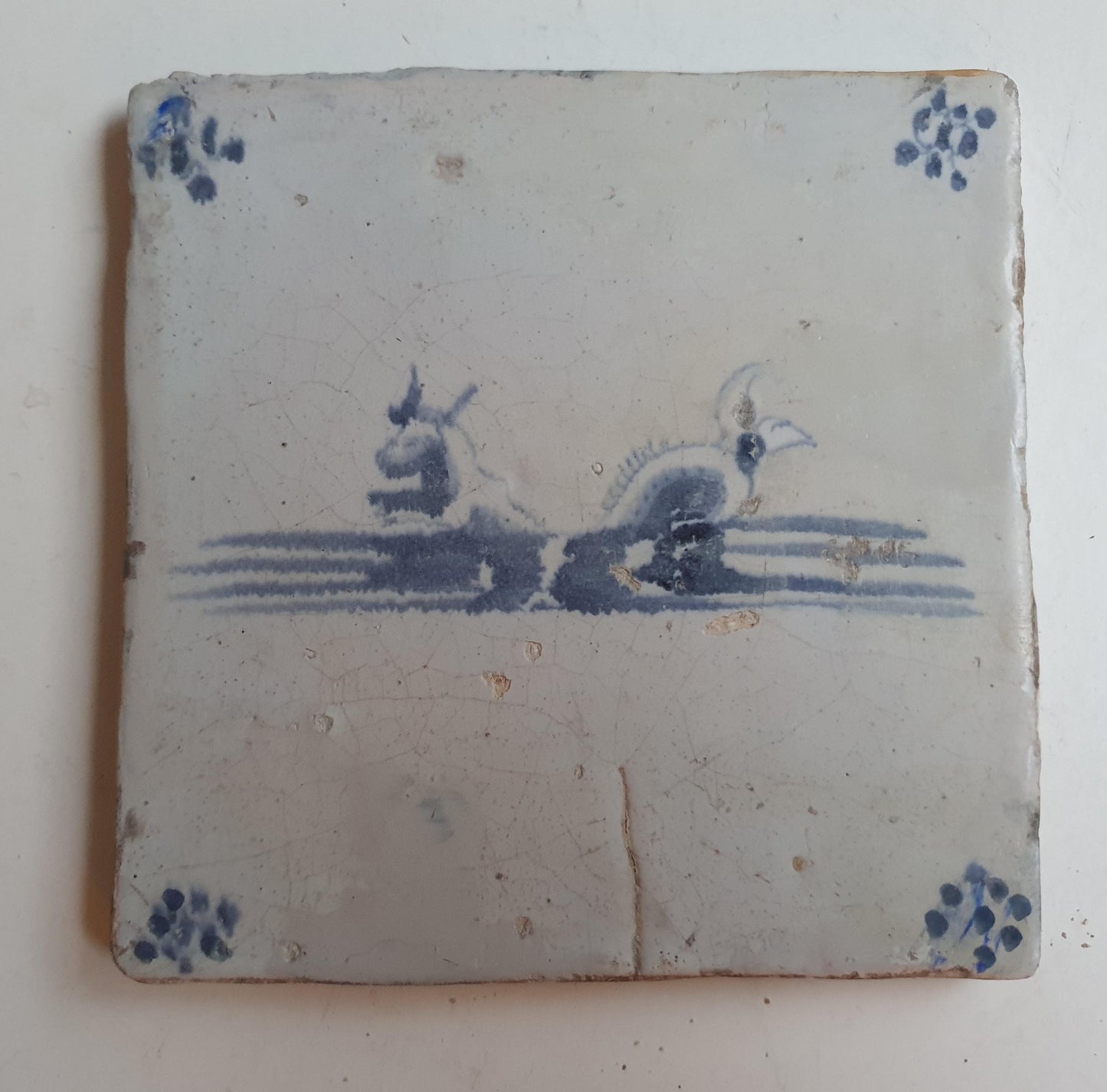 Antique Delft Blue Tile, 17th Century Sea Creature Majolica