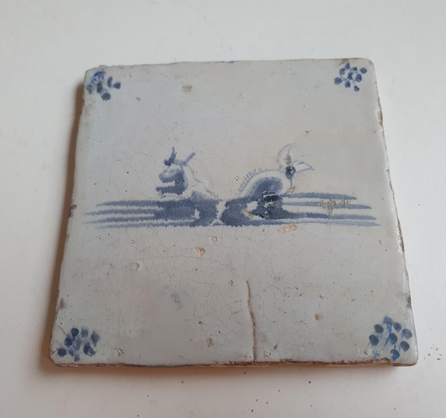 Antique Delft Blue Tile, 17th Century Sea Creature Majolica
