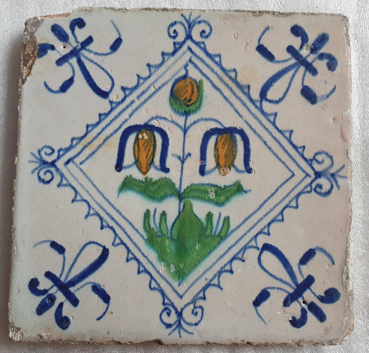 Antique Dutch Delft Tile, Flower Design, Polychrome Majolica