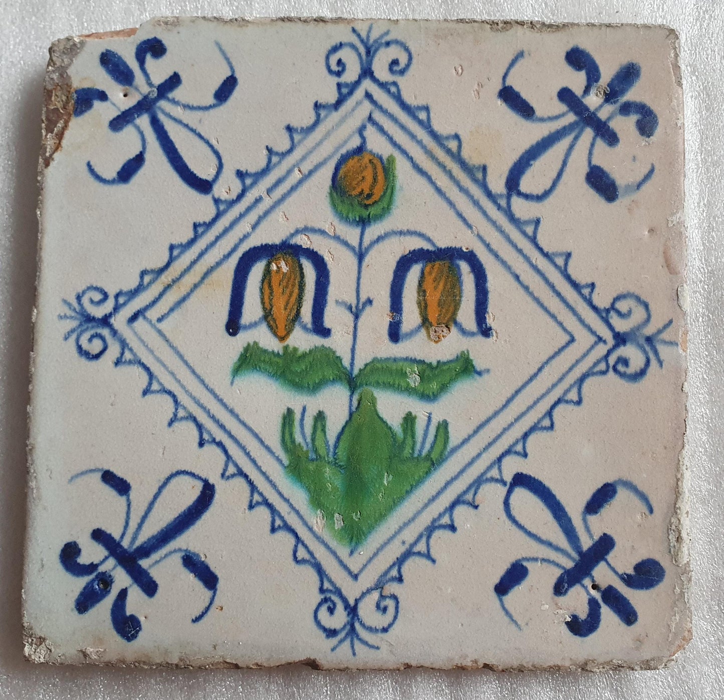 Antique Dutch Delft Tile, Flower Design, Polychrome Majolica