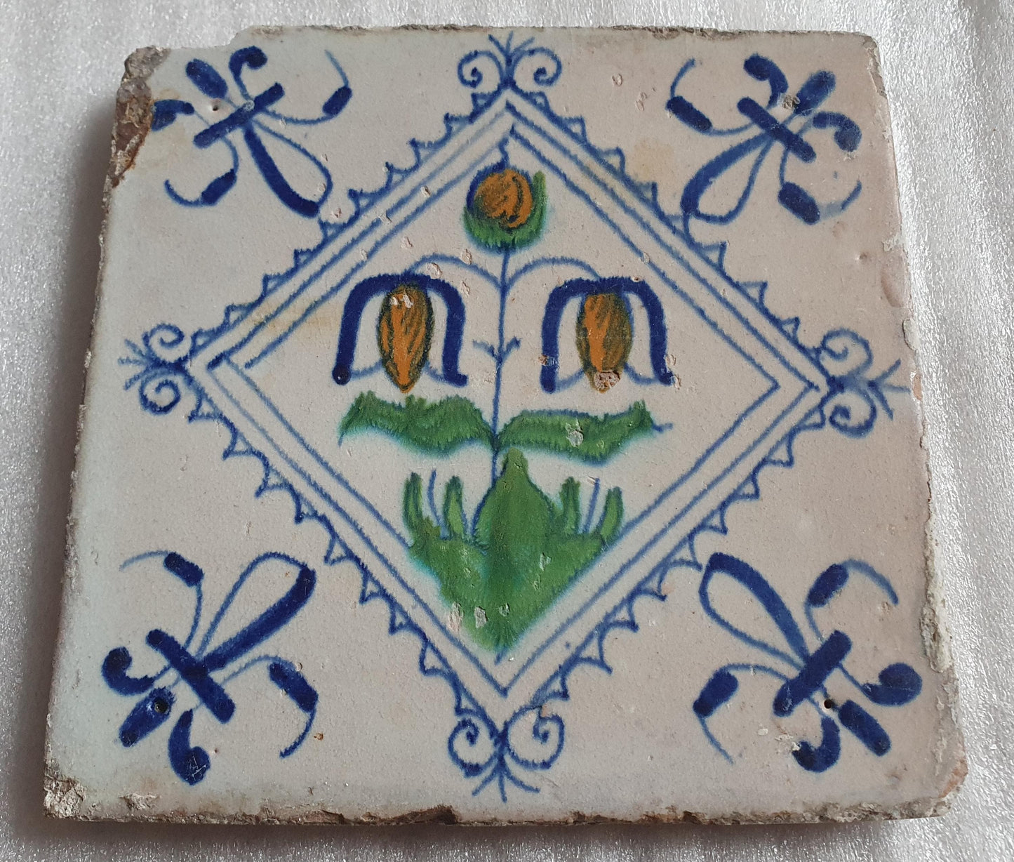 Antique Dutch Delft Tile, Flower Design, Polychrome Majolica