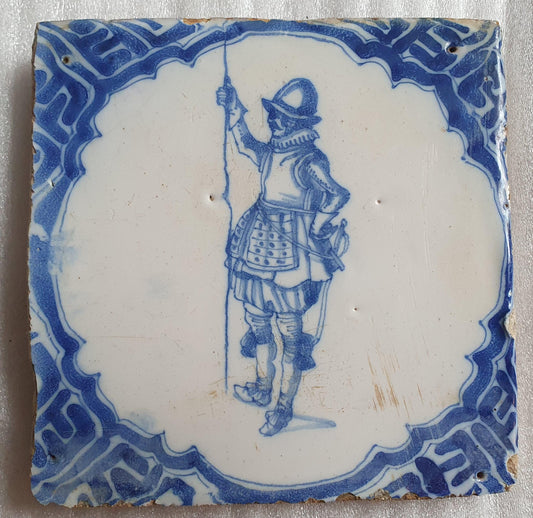Antique Dutch Delft Tile, 1640, Soldier Pike Design