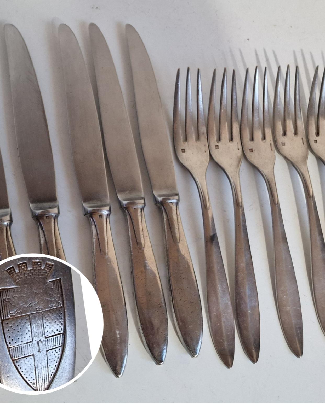 Antique CHRISTOFLE Cutlery Set, French Knives and Forks, Coat of Arms
