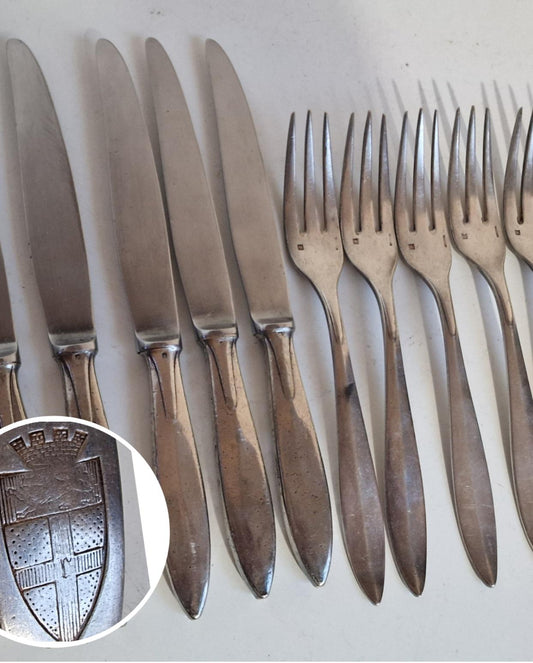 Antique CHRISTOFLE Cutlery Set, French Knives and Forks, Coat of Arms