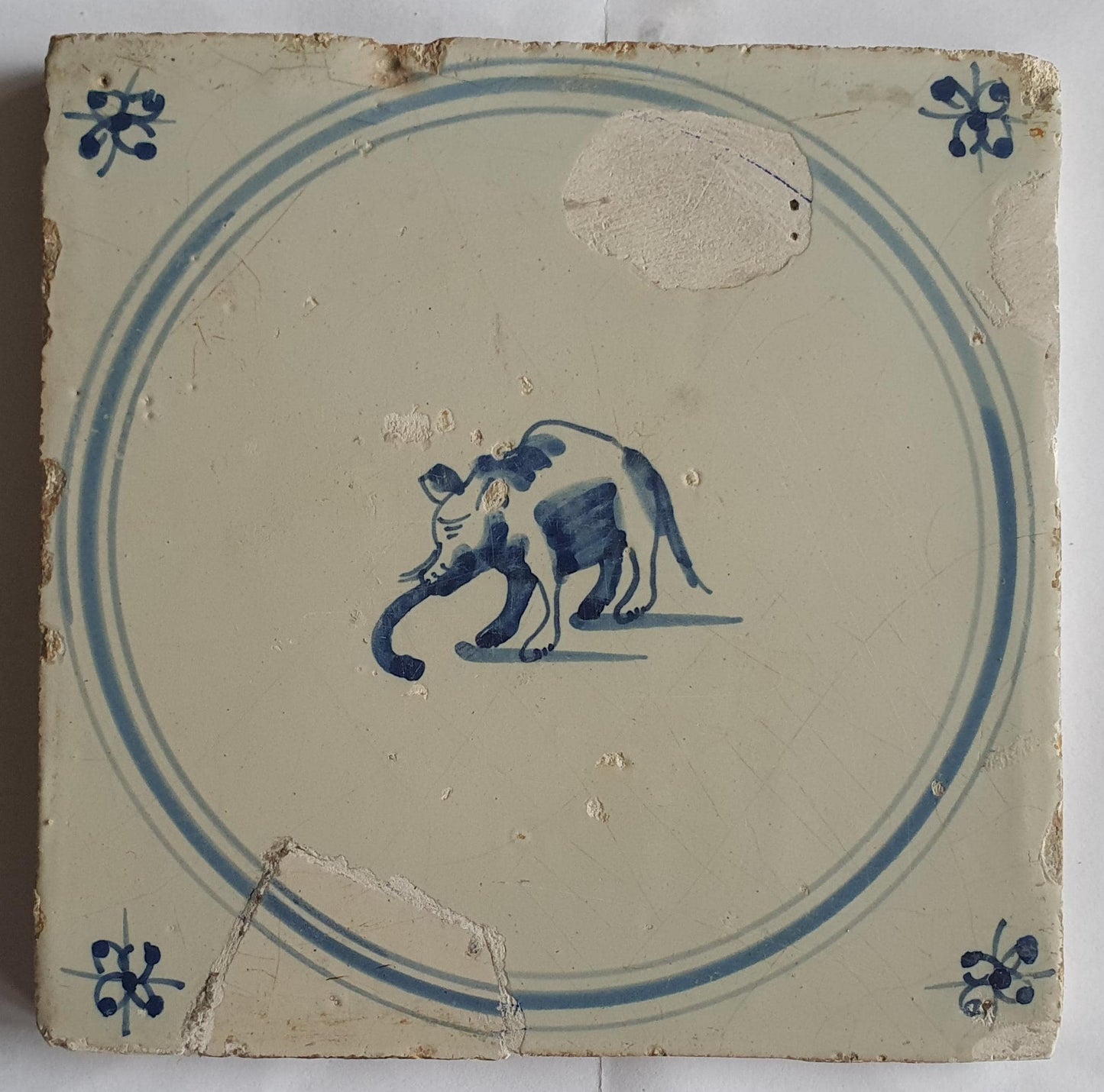 18th rare antique dutch delft 3 double circle tile 18th century, elephant!