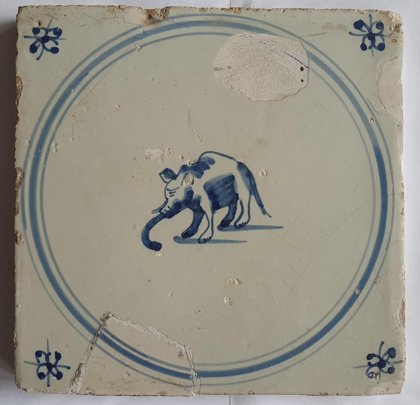 18th rare antique dutch delft 3 double circle tile 18th century, elephant!