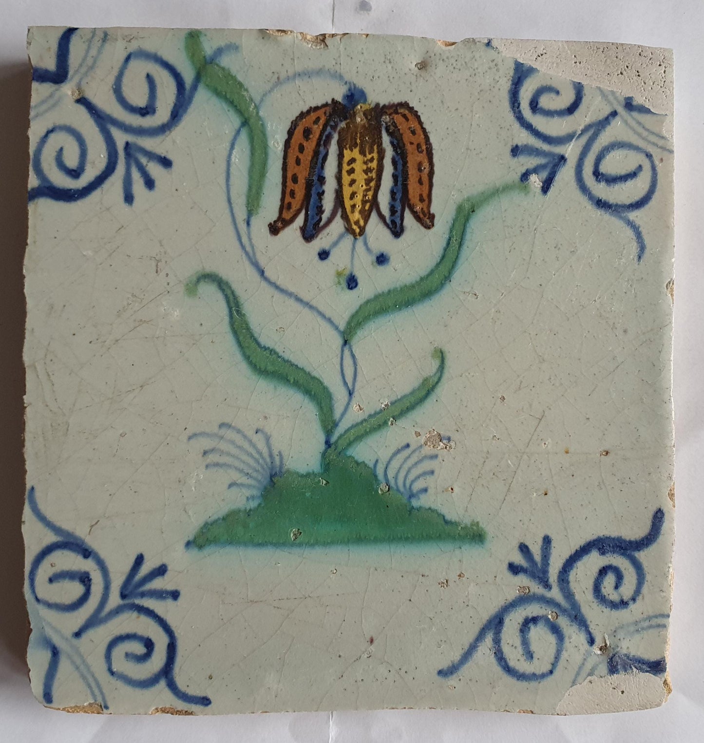 2 x Dutch  polychrome flower antique tiles 17th century - delft holland tiles 1640