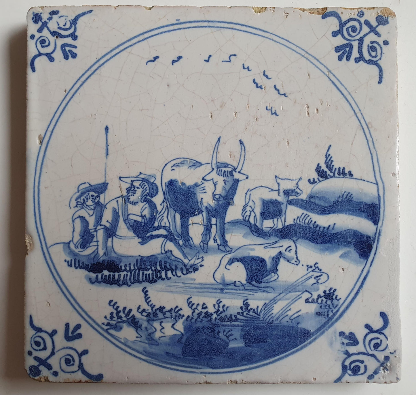 Antique Delft Tile, 17th Century, Pastoral Scene