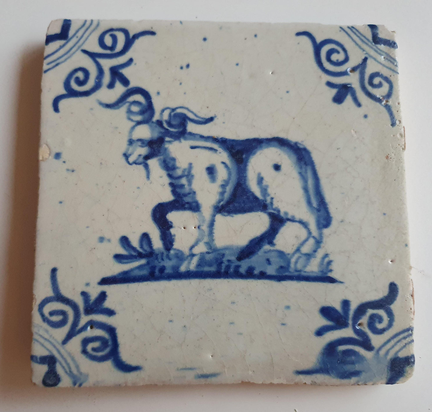 17th century Antique Dutch Tile animal buck oxhead motive delft blue holland tile  beauty