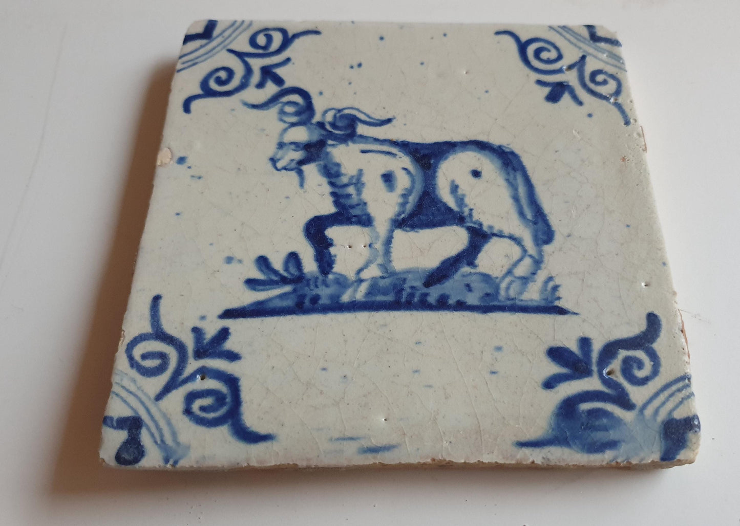 17th century Antique Dutch Tile animal buck oxhead motive delft blue holland tile  beauty