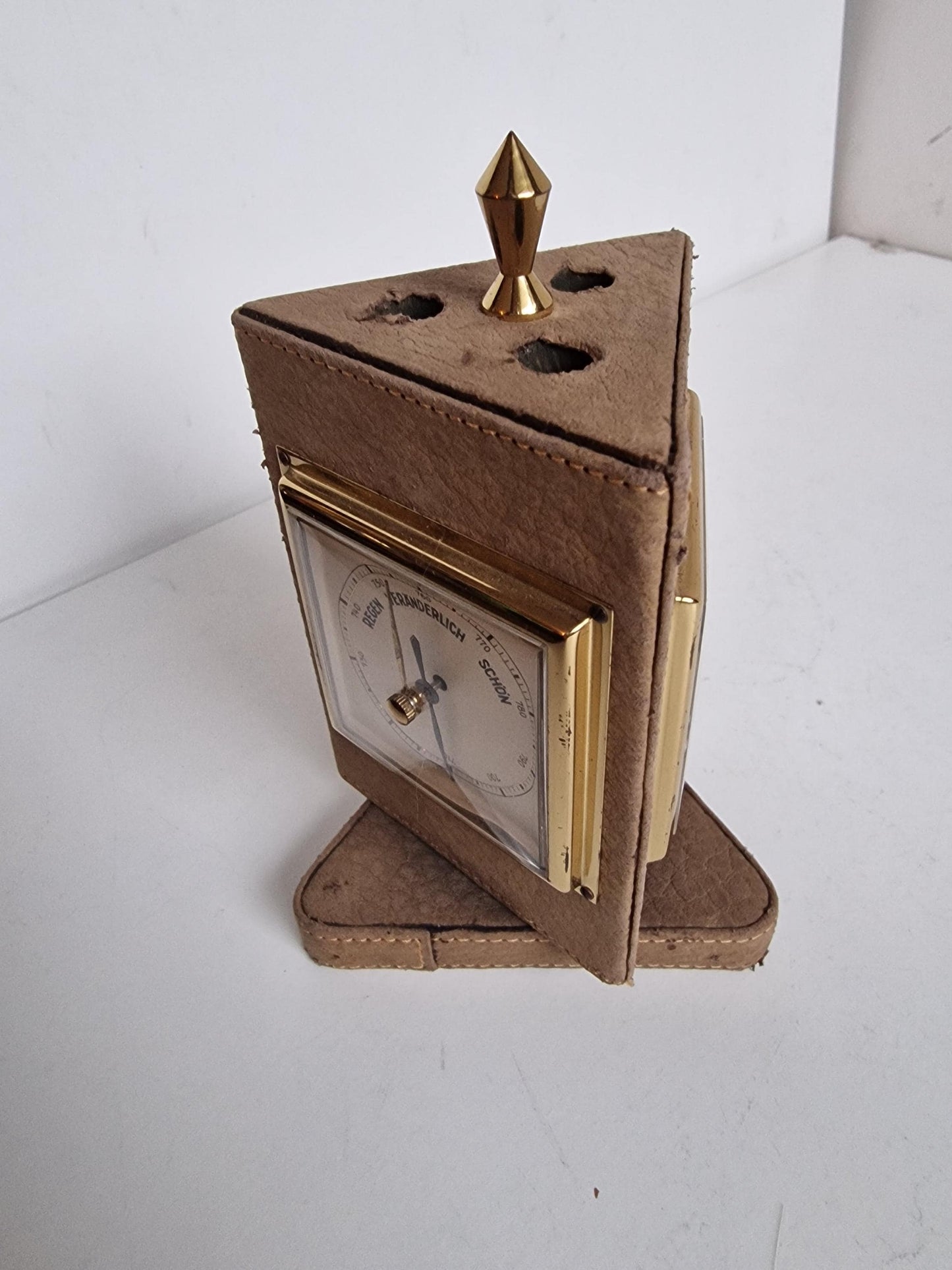 Vintage jaren 60 roterende brass leather barometer/thermometer/vochtigheid Duitsland - vintage weermeter. hygrometer