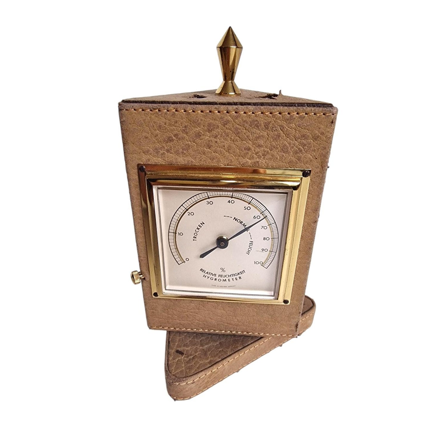 Vintage jaren 60 roterende brass leather barometer/thermometer/vochtigheid Duitsland - vintage weermeter. hygrometer