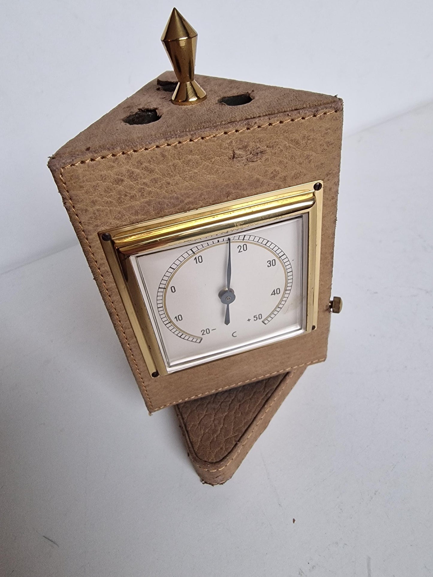 Vintage jaren 60 roterende brass leather barometer/thermometer/vochtigheid Duitsland - vintage weermeter. hygrometer