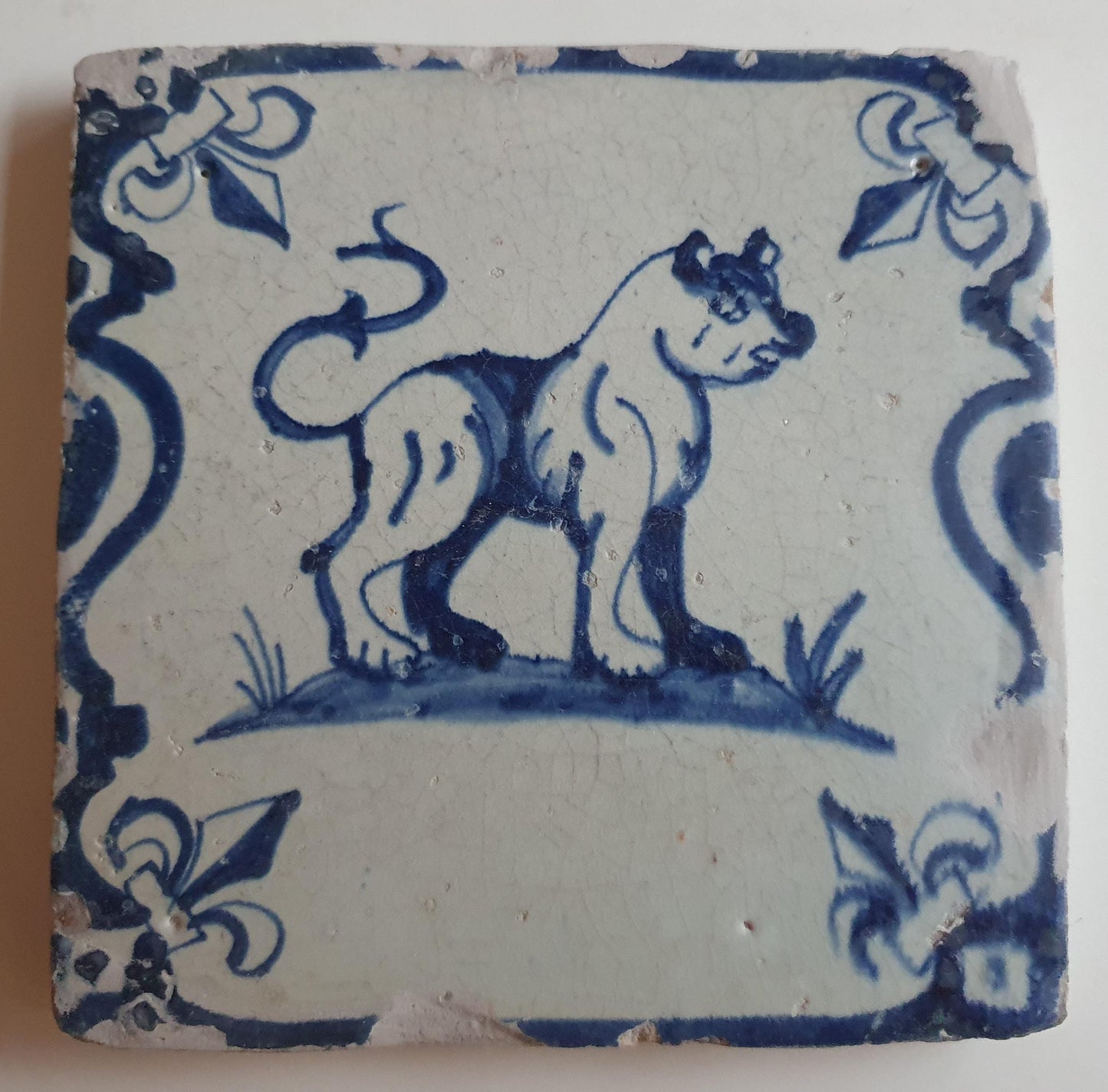 Antique Delft Tile, 17th Century Dutch Lion, Lily Corner