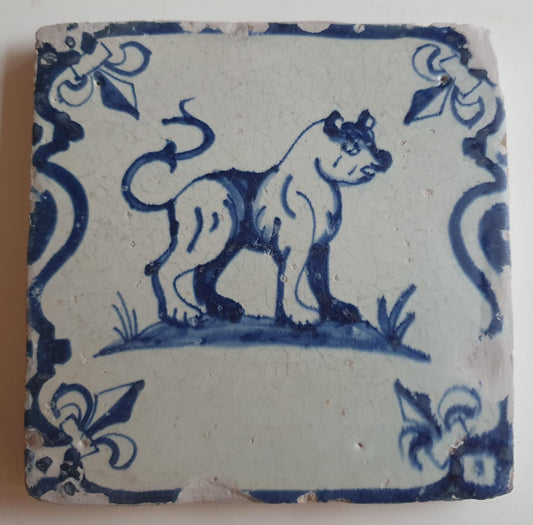 Antique Delft Tile, 17th Century Dutch Lion, Lily Corner