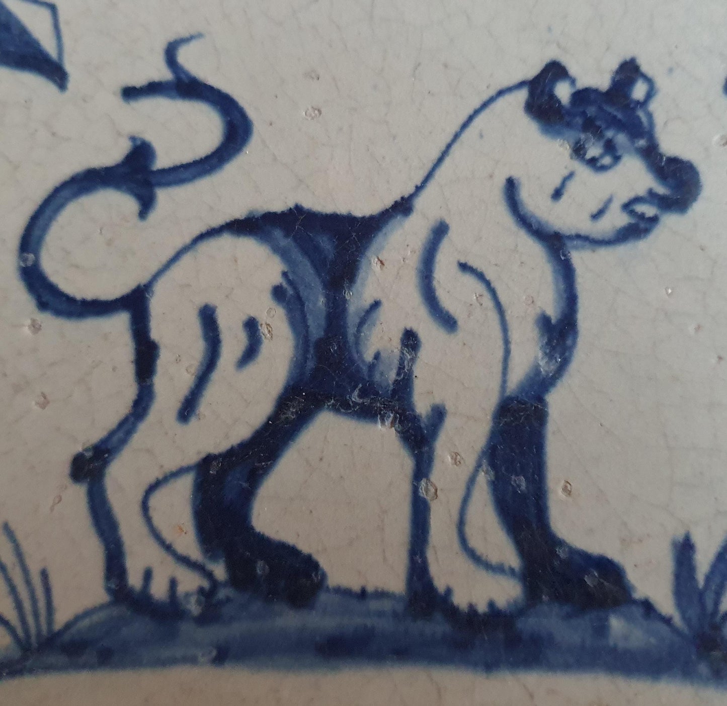 Antique Delft Tile, 17th Century Dutch Lion, Lily Corner