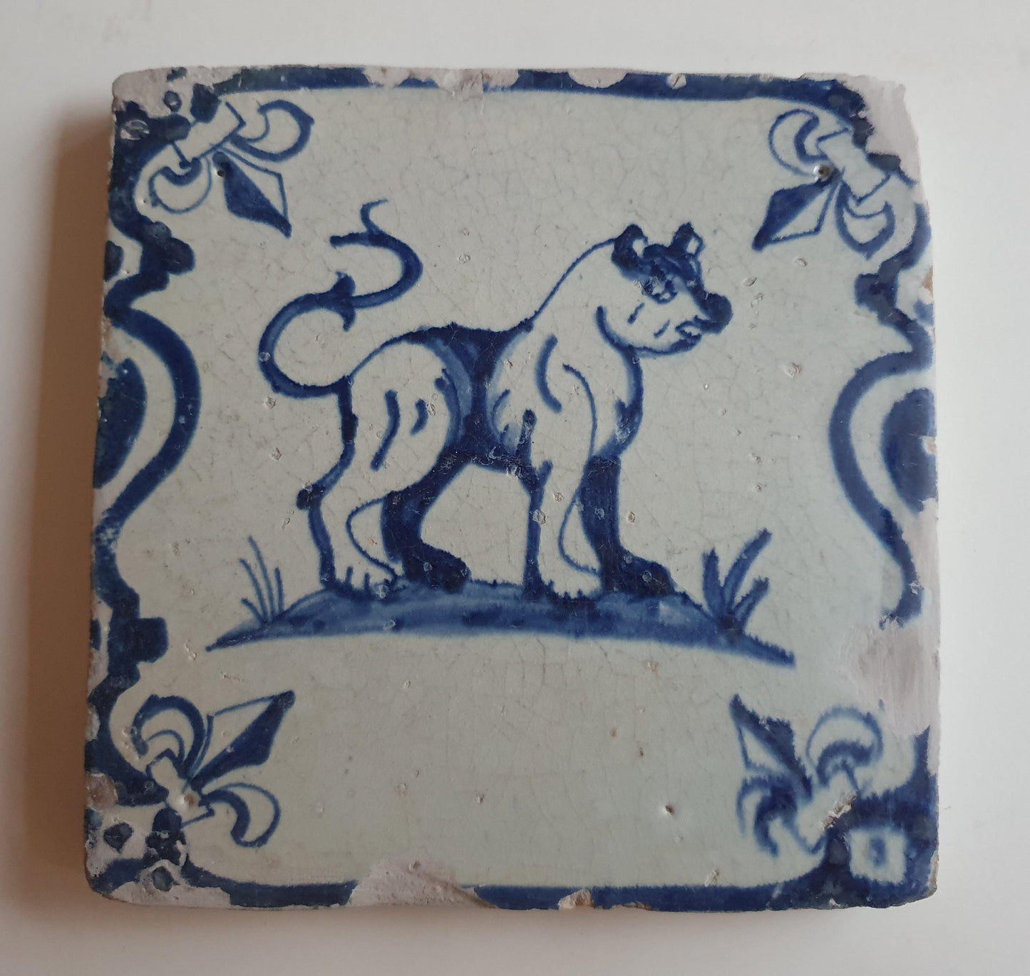 Antique Delft Tile, 17th Century Dutch Lion, Lily Corner