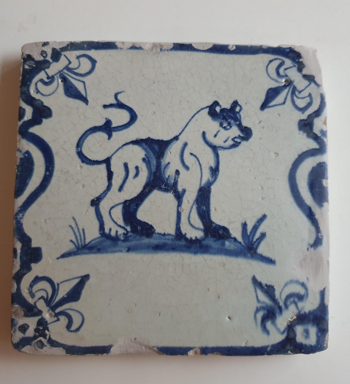 Antique Delft Tile, 17th Century Dutch Lion, Lily Corner
