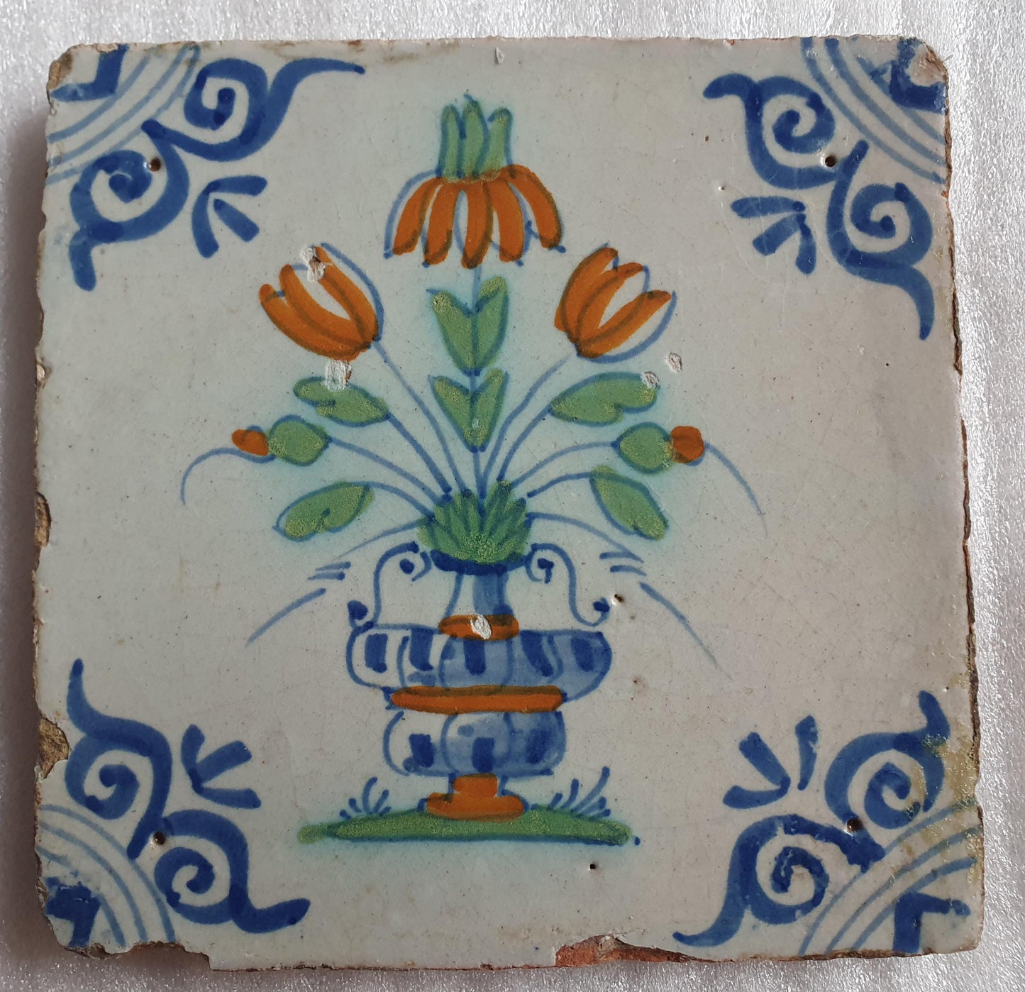 Antique Delft Tile – Polychrome Flower Pot, 17th Century Ornament