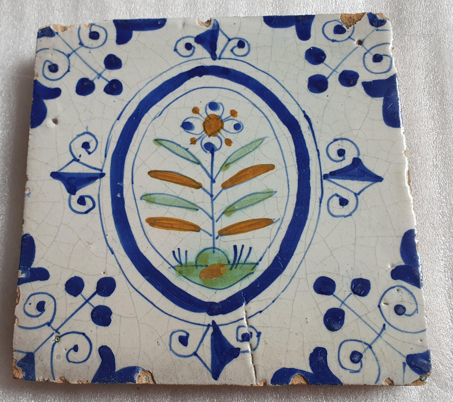 Dutch  polychrome flowerpot antique tile 17th century - delft holland ornament tile around 1640