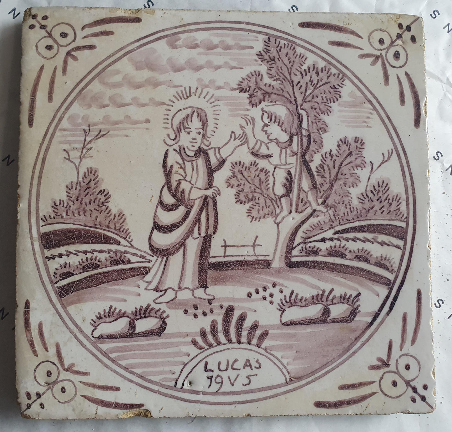 This rare antique Delft tile depicts the Biblical scene.  alround 1760
