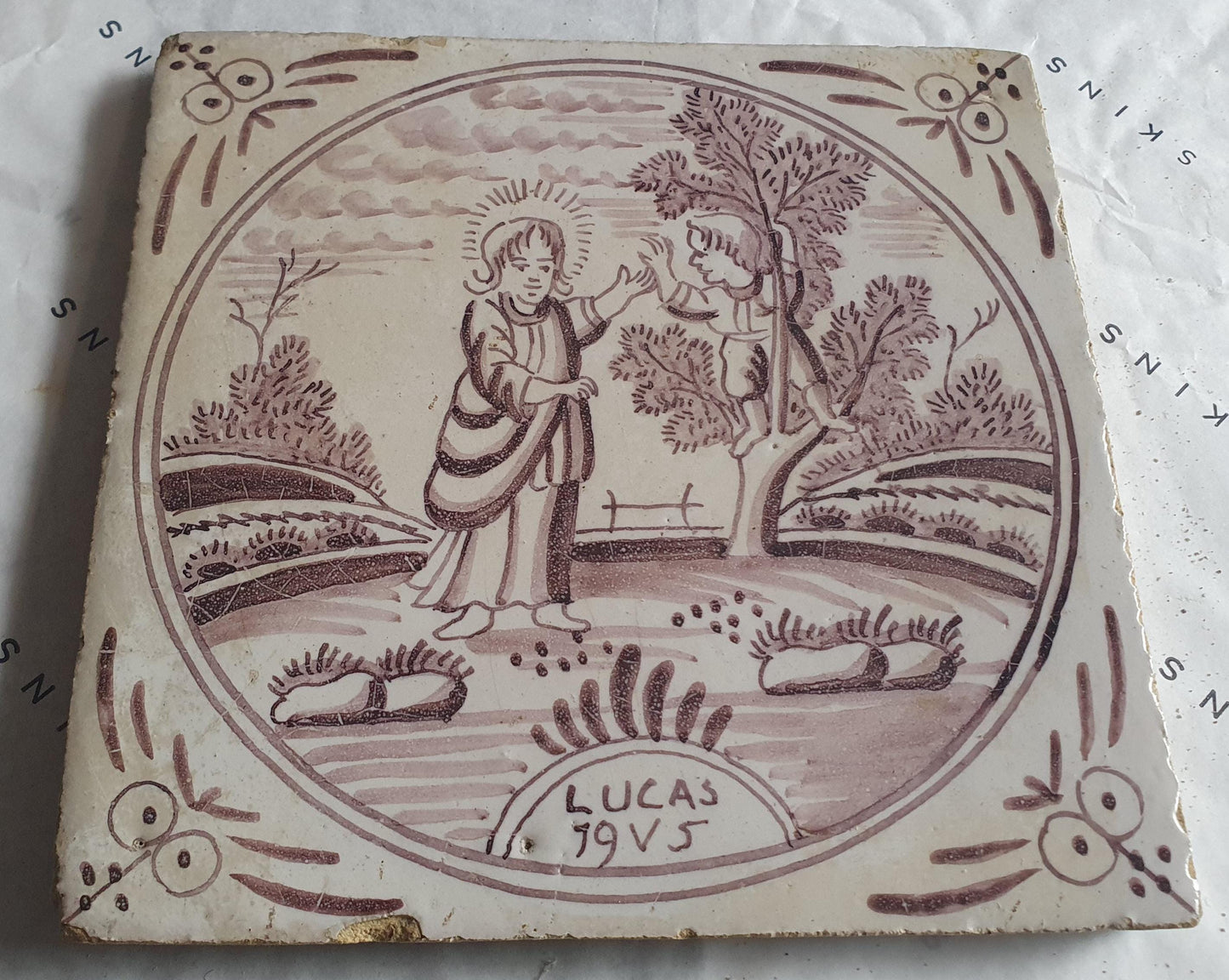 This rare antique Delft tile depicts the Biblical scene.  alround 1760
