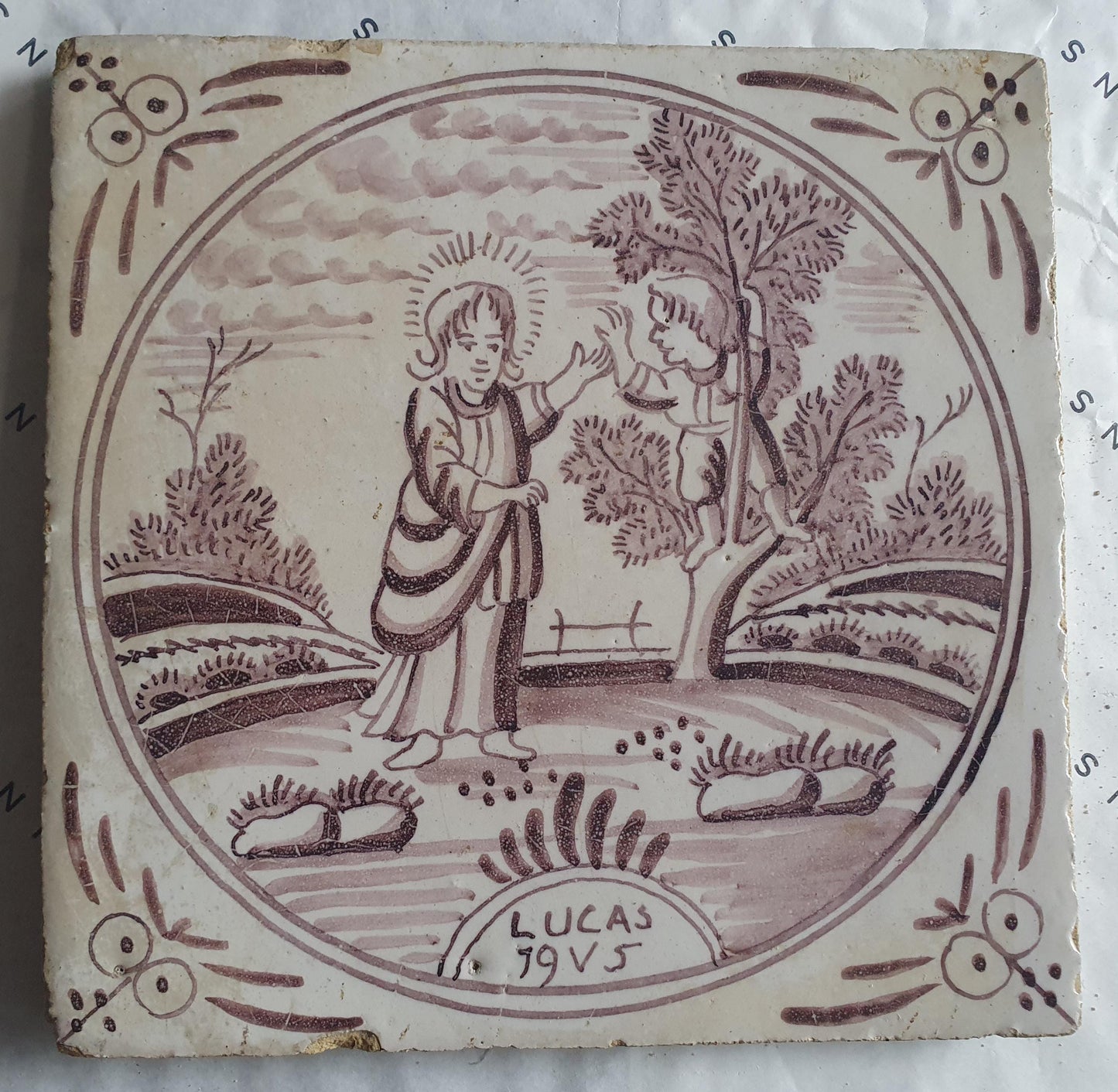This rare antique Delft tile depicts the Biblical scene.  alround 1760
