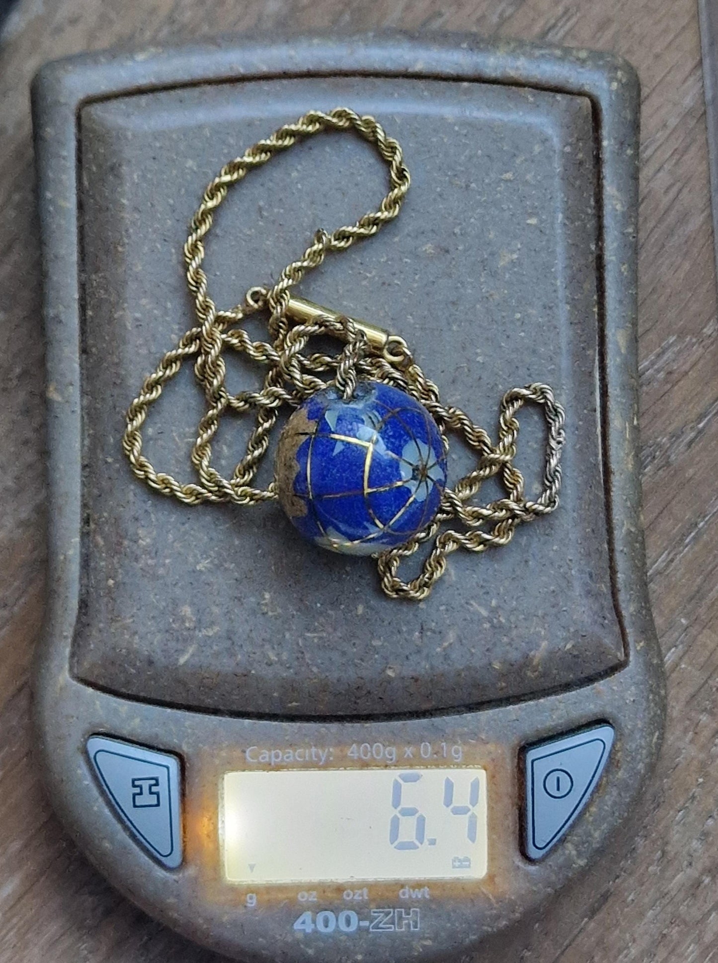 9k Gold Lapis Lazuli Globe Necklace, Gemstone Earth Pendant