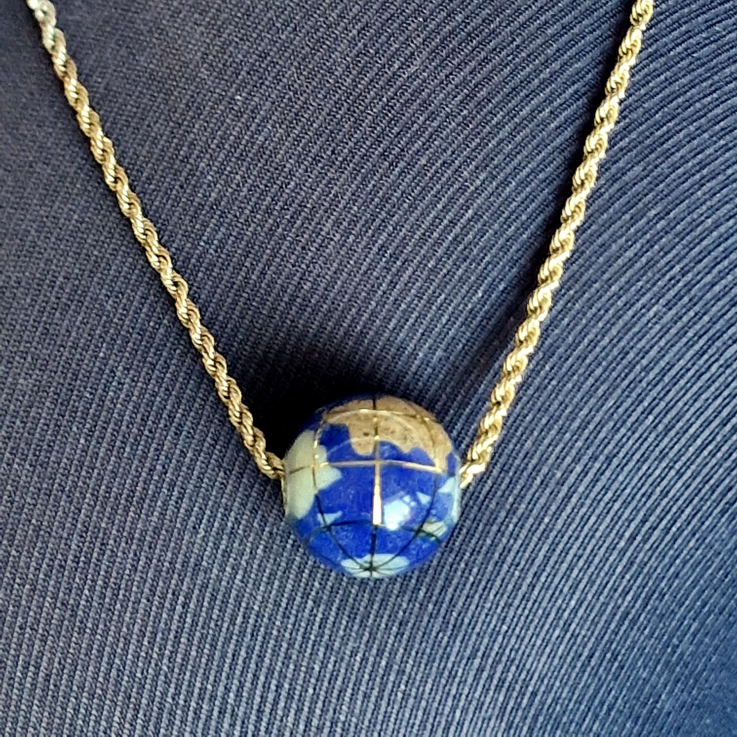 9k Gold Lapis Lazuli Globe Necklace, Gemstone Earth Pendant