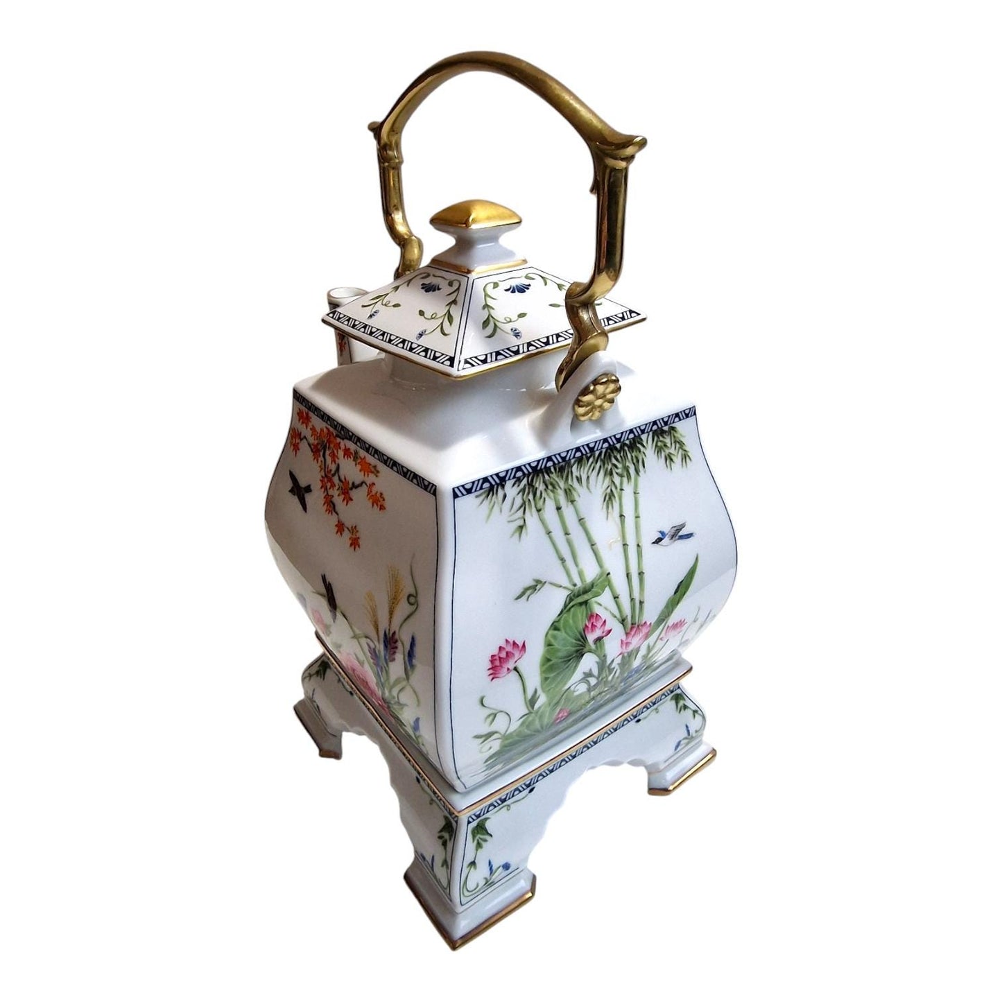 Franklin Mint Birds & Flowers Porcelain Teapot, 24k Gold Finish, Japan 1986