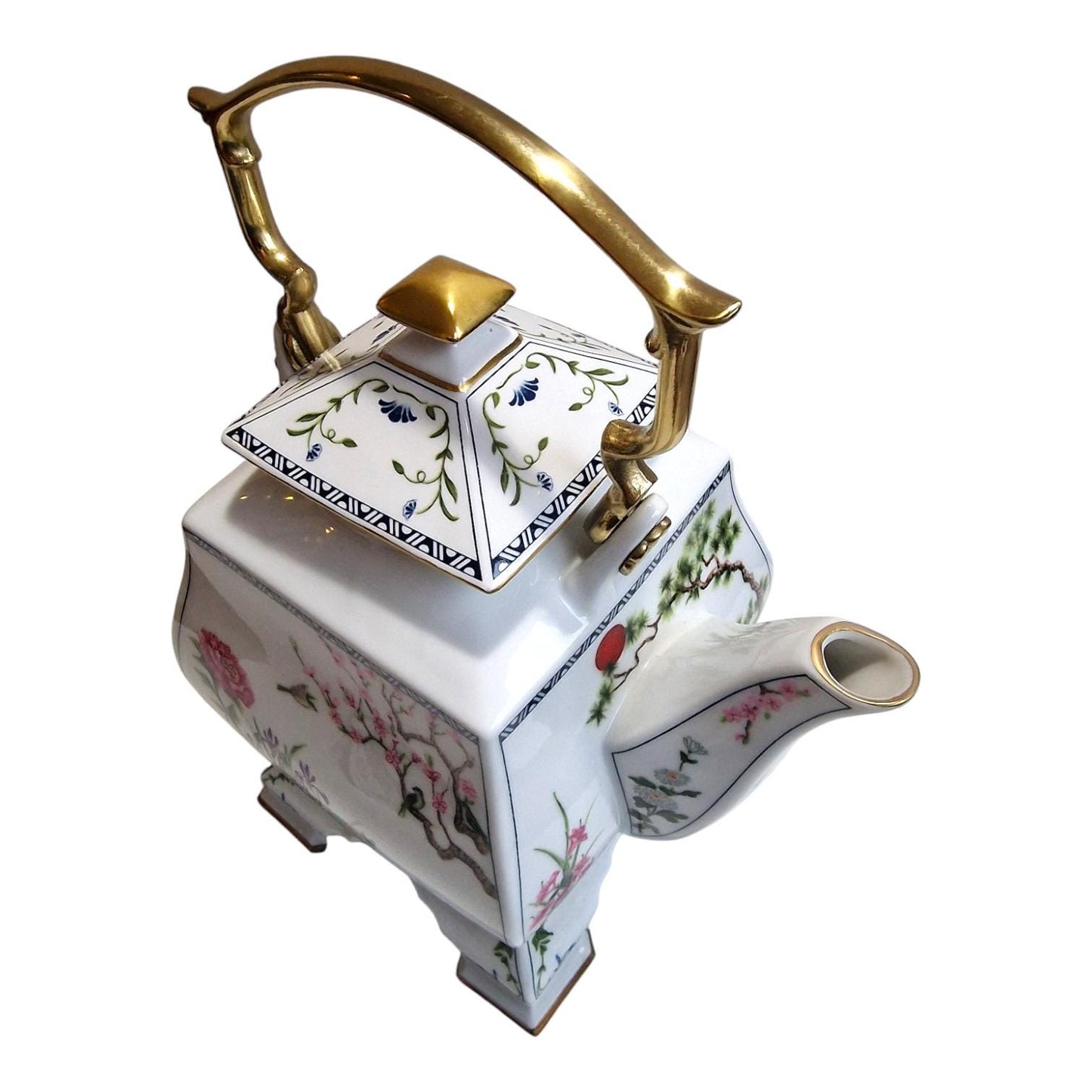 Franklin Mint Birds & Flowers Porcelain Teapot, 24k Gold Finish, Japan 1986