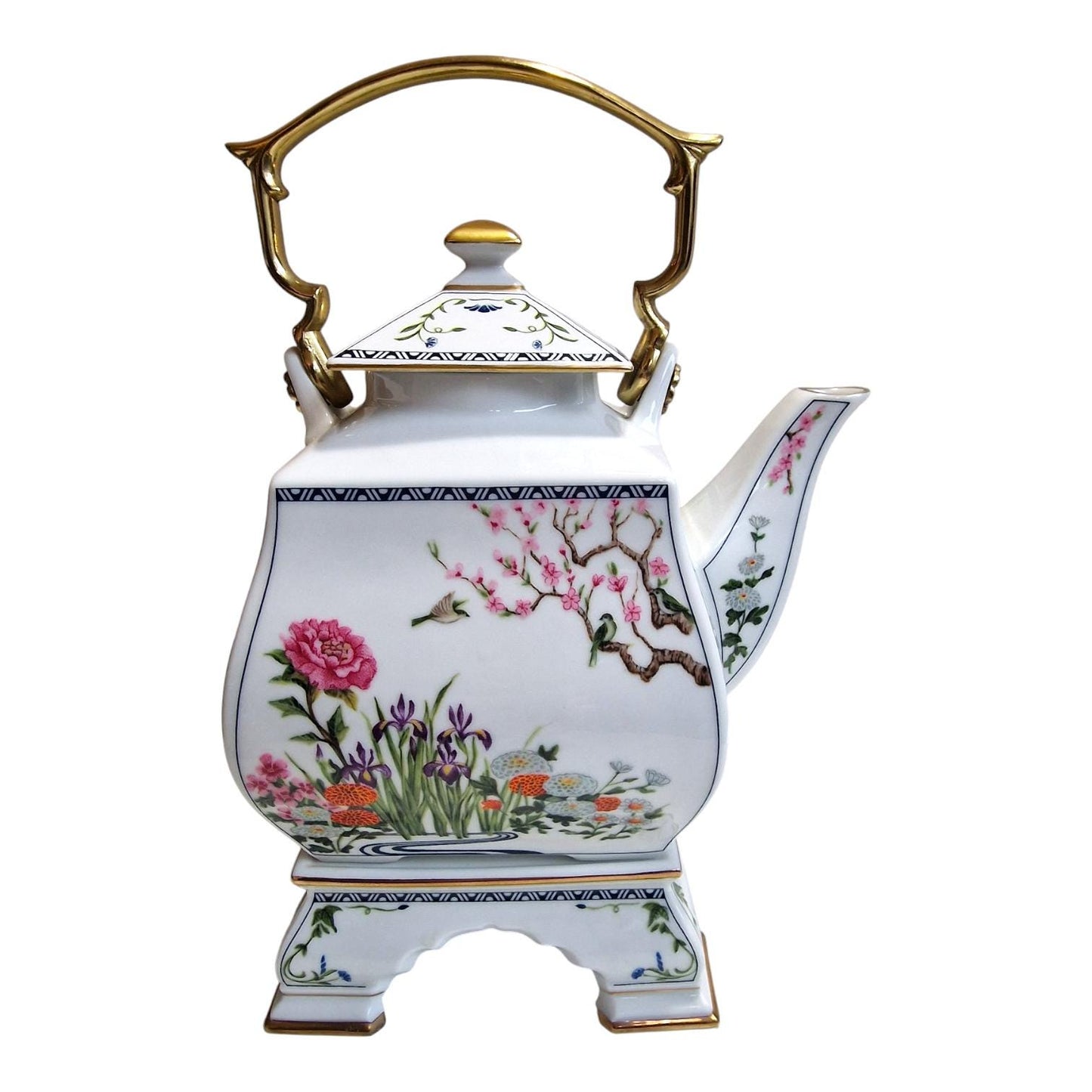 Franklin Mint Birds & Flowers Porcelain Teapot, 24k Gold Finish, Japan 1986