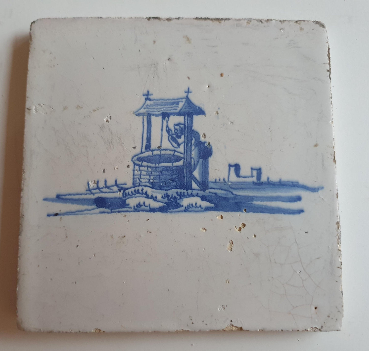 Antique Dutch Tile - water well  - Dated 1700, no corner motif