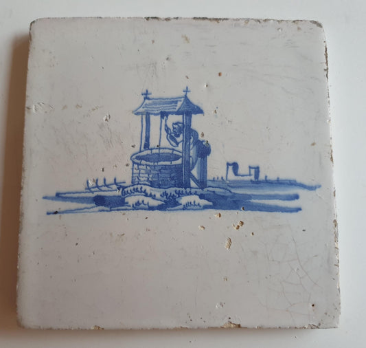 Antique Dutch Tile - water well  - Dated 1700, no corner motif