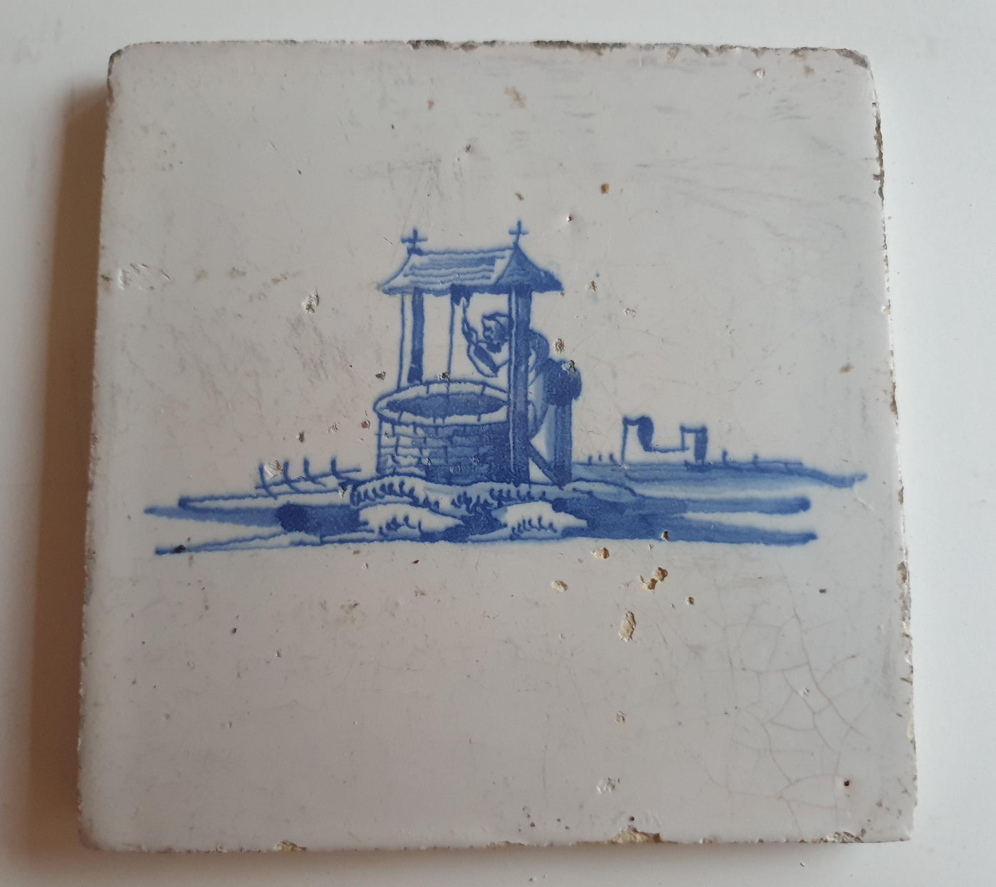 Antique Dutch Tile - water well  - Dated 1700, no corner motif
