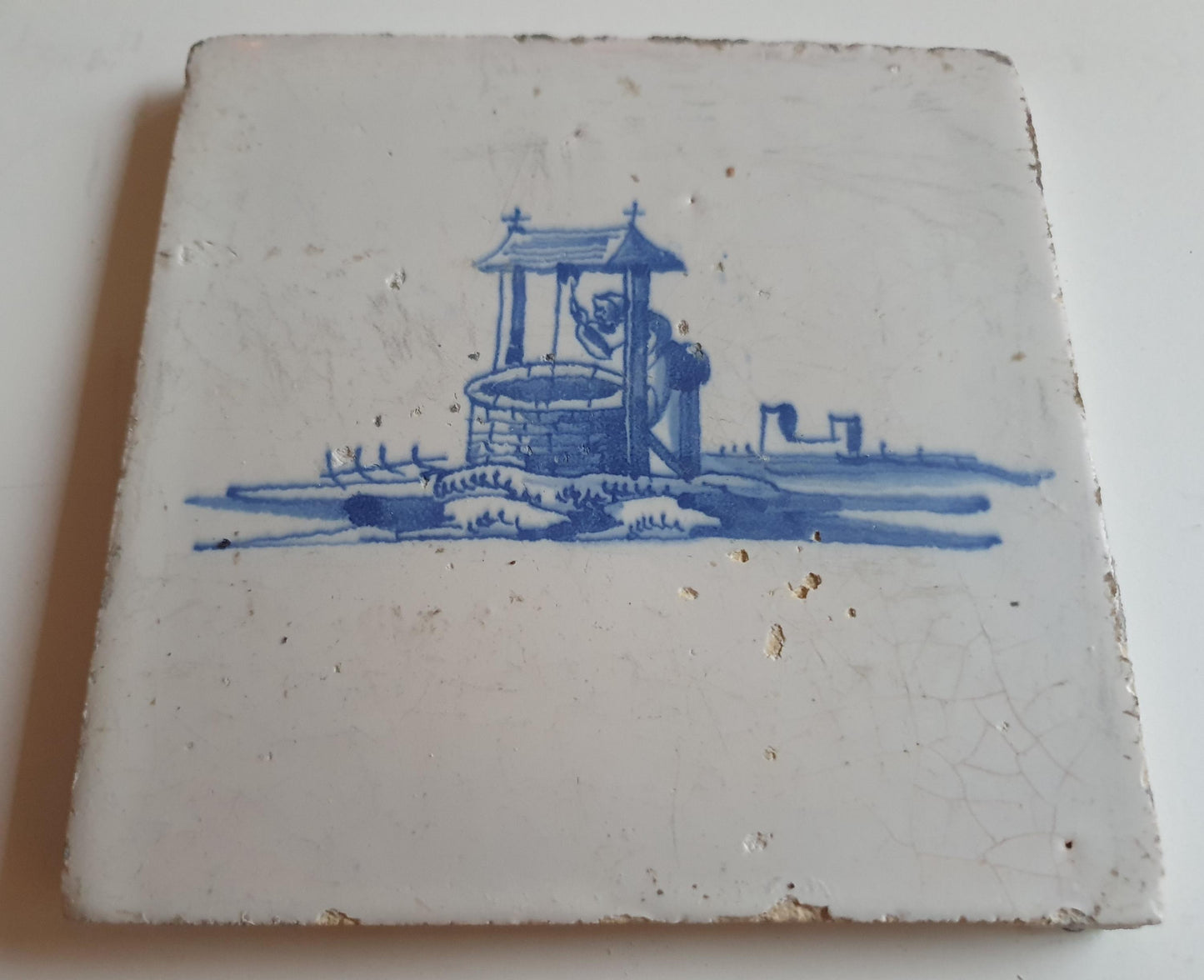 Antique Dutch Tile - water well  - Dated 1700, no corner motif