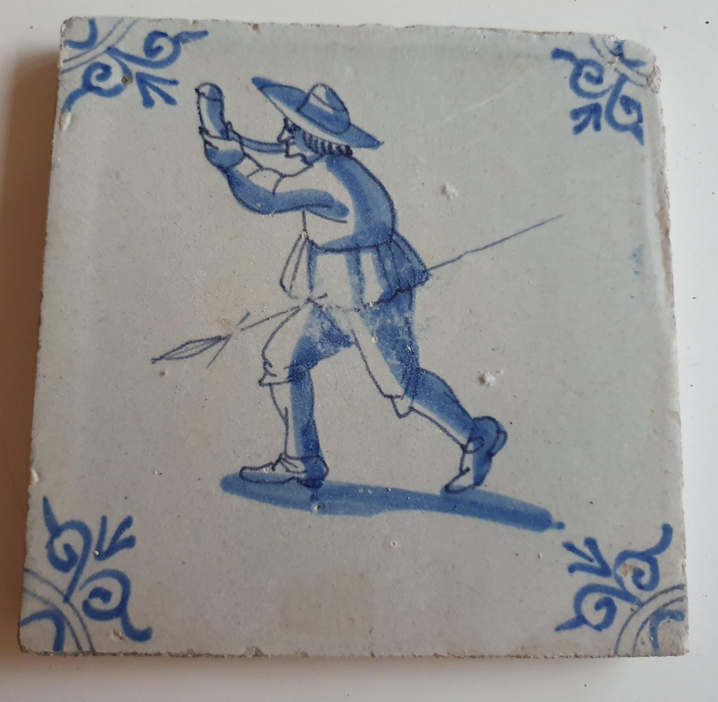 Antique Delft Tile, 17th Century Dutch Hunter Scene