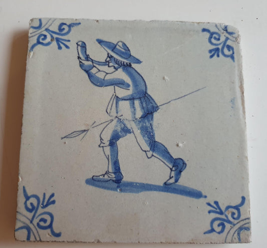 Antique Delft Tile, 17th Century Dutch Hunter Scene