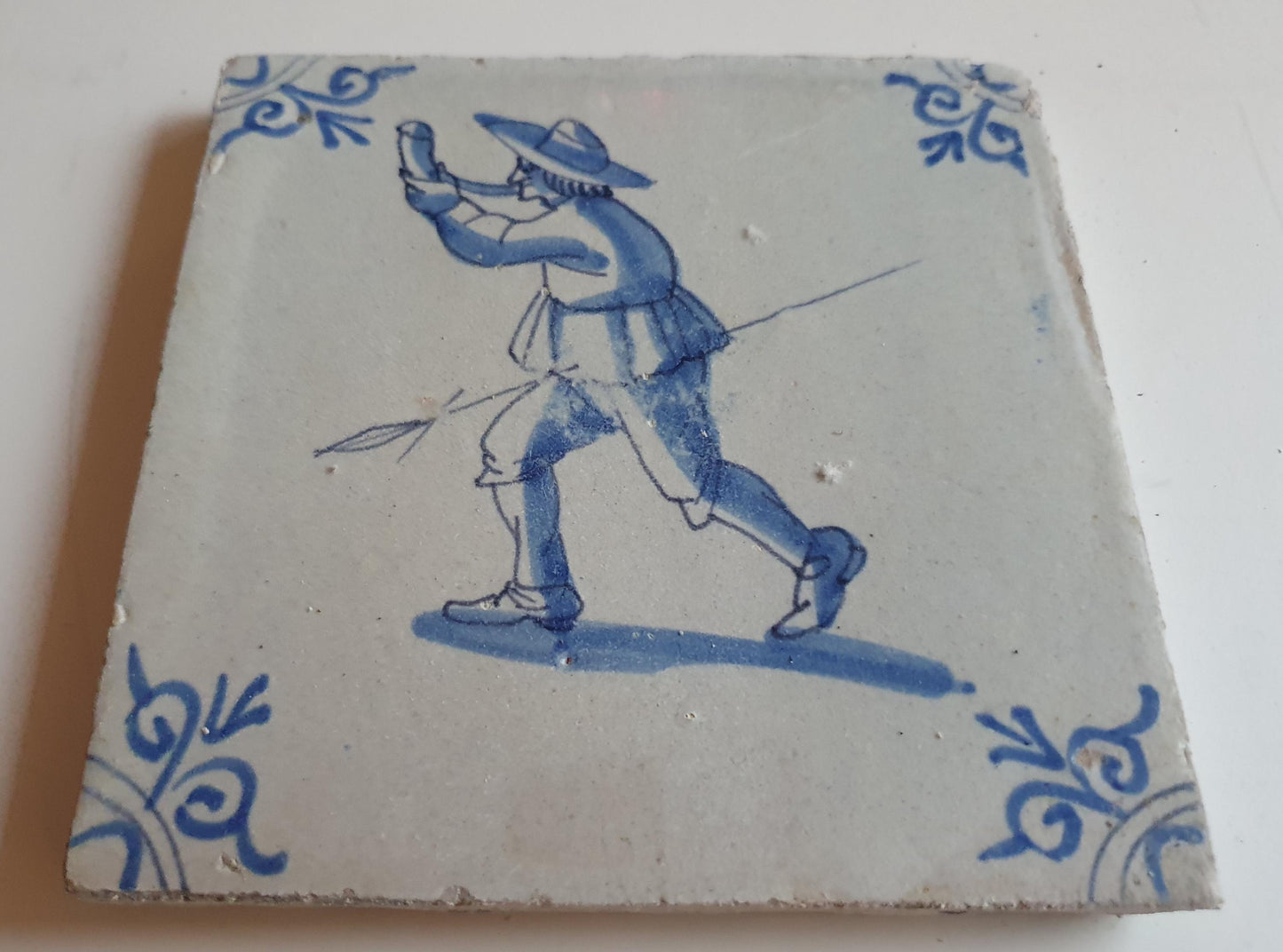 Antique Delft Tile, 17th Century Dutch Hunter Scene