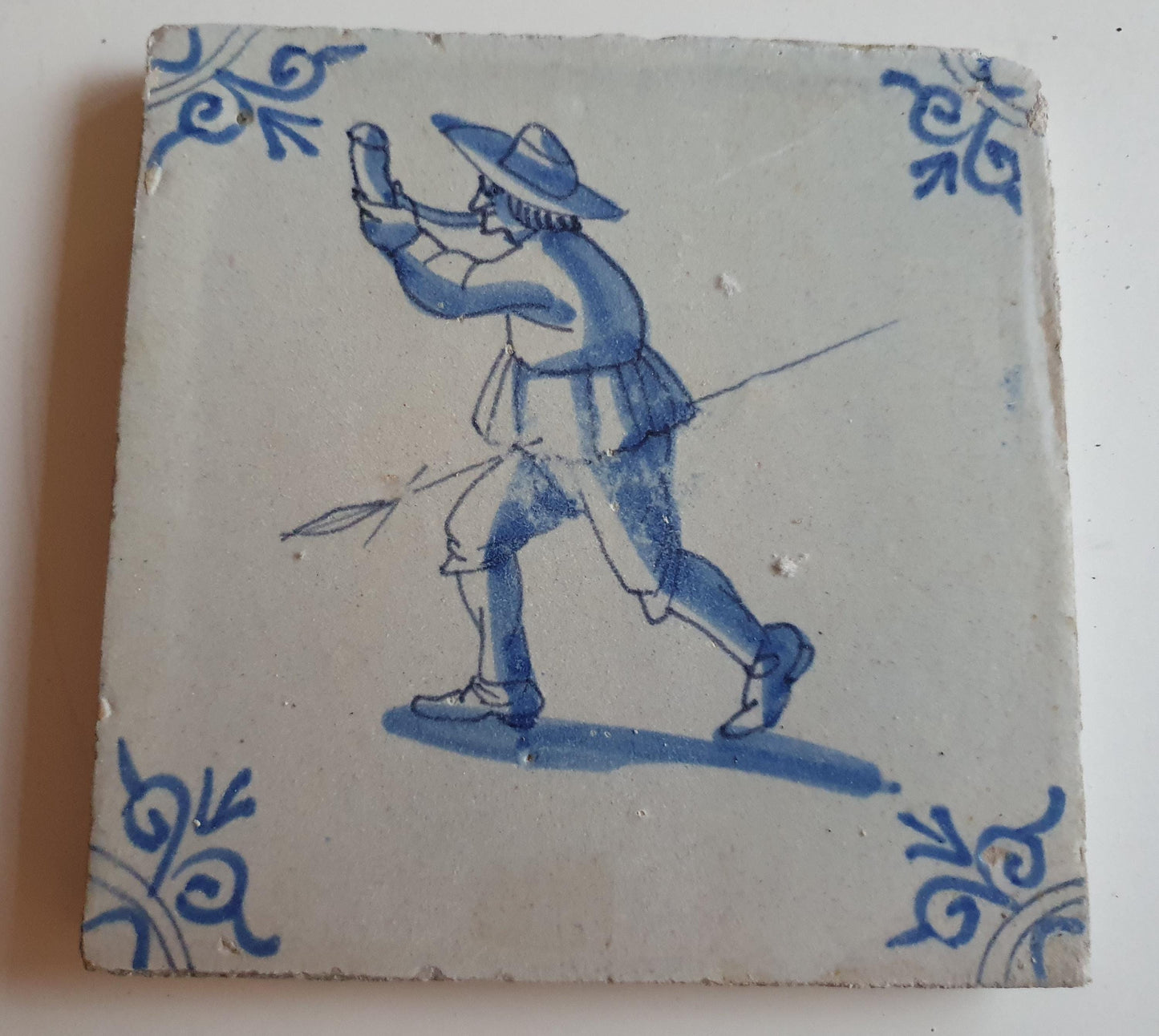 Antique Delft Tile, 17th Century Dutch Hunter Scene